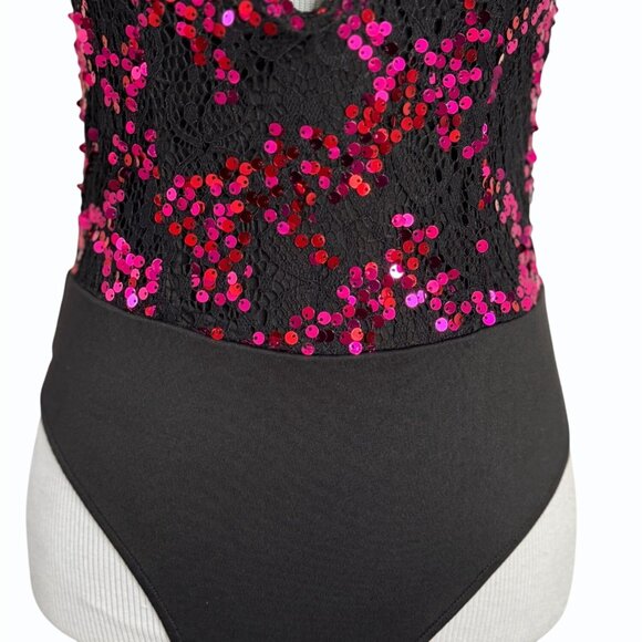 h:ours Revolve Felly Sequin Bodysuit Womens Size‎ M Fuschia Black Plunging - Picture 4 of 11